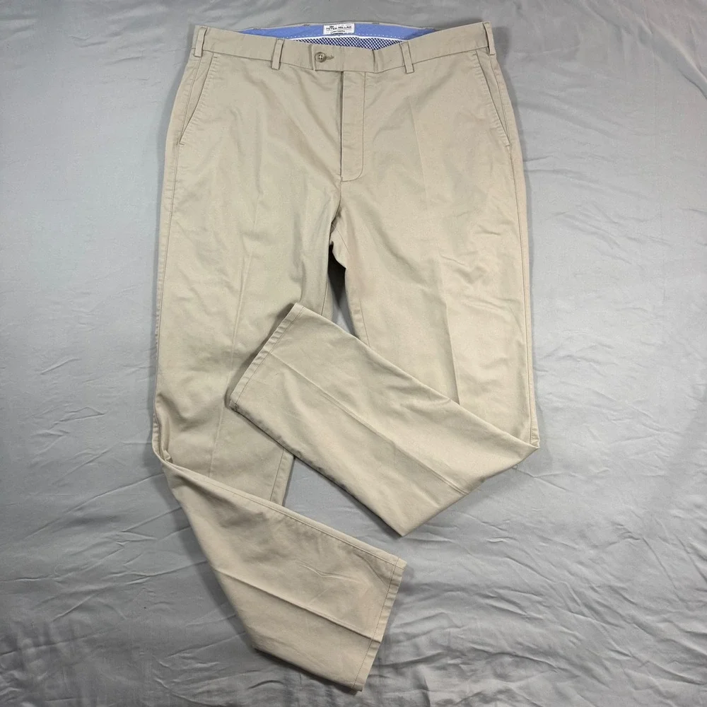 Peter Millar Crown Comfort Chino Pant Mens 38x33 Khaki Tan Flat Front Preppy